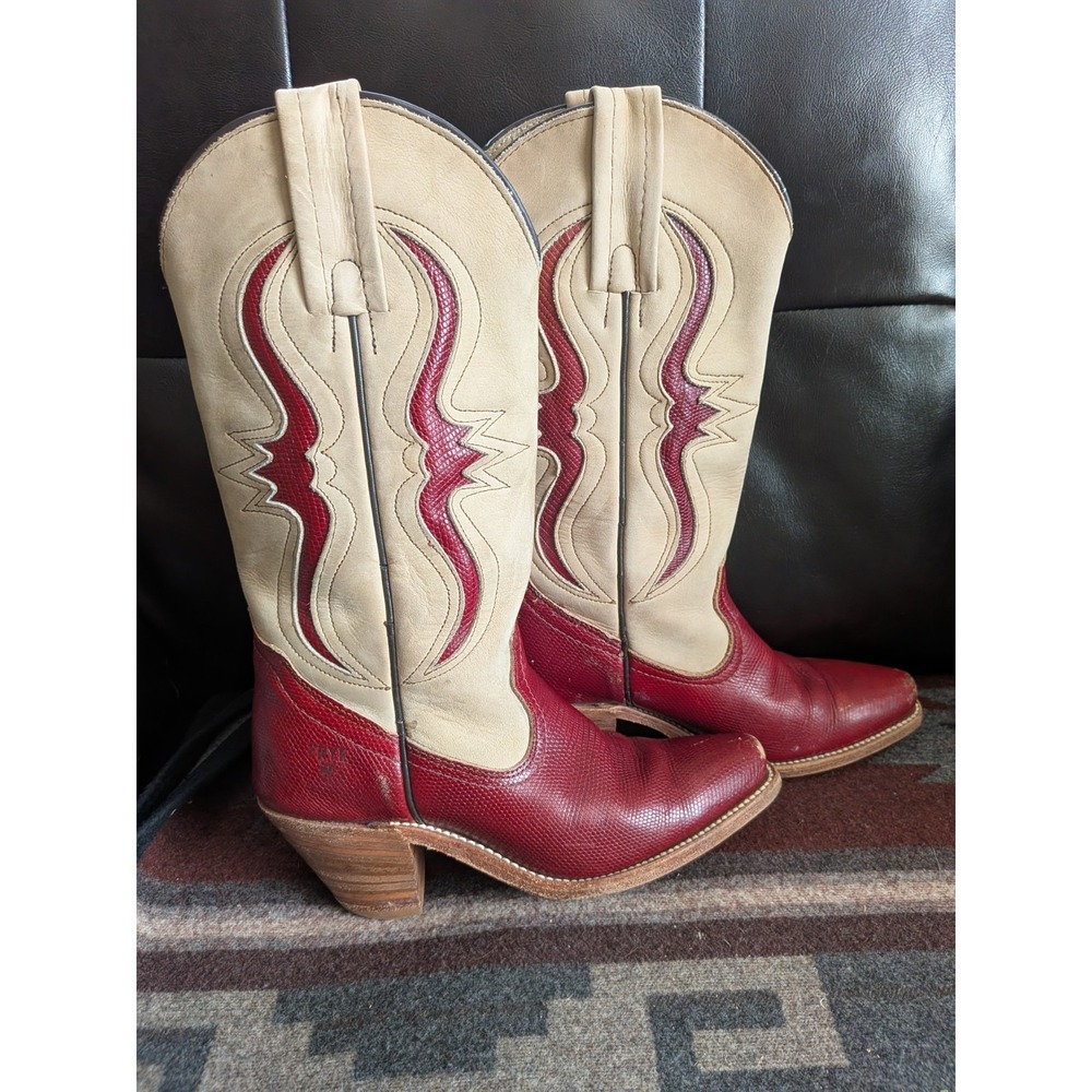 Frye 7040 Vintage Western Cowboy Boots Red Lizard Tan Suede Women 6 AA
